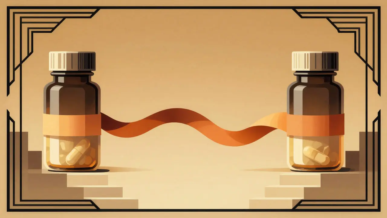 Stylized pills connected by a ribbon showing cross-tapering