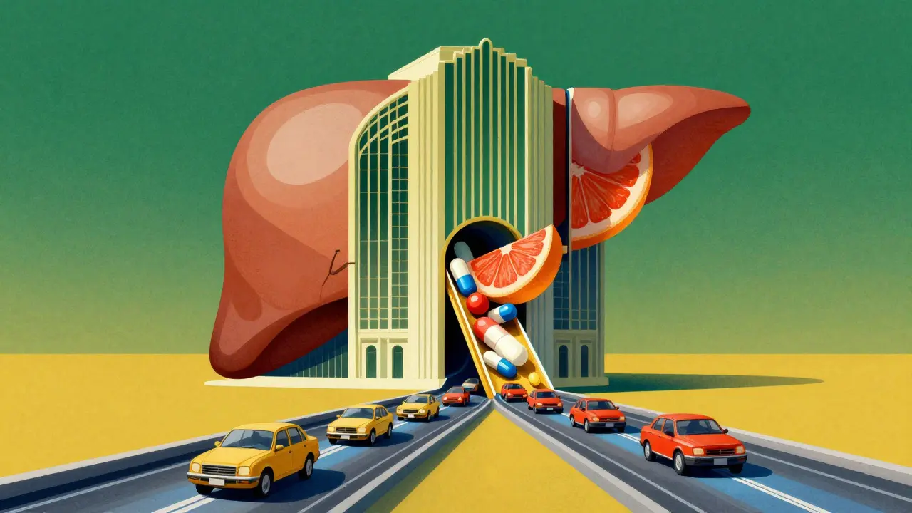 Vintage style graphic of a liver enzyme bottleneck with pills and grapefruit