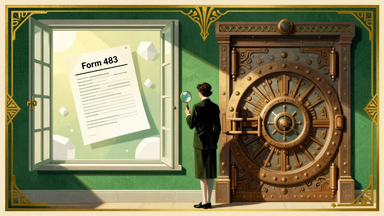 Art Deco art showing public documents versus a locked vault for private audits