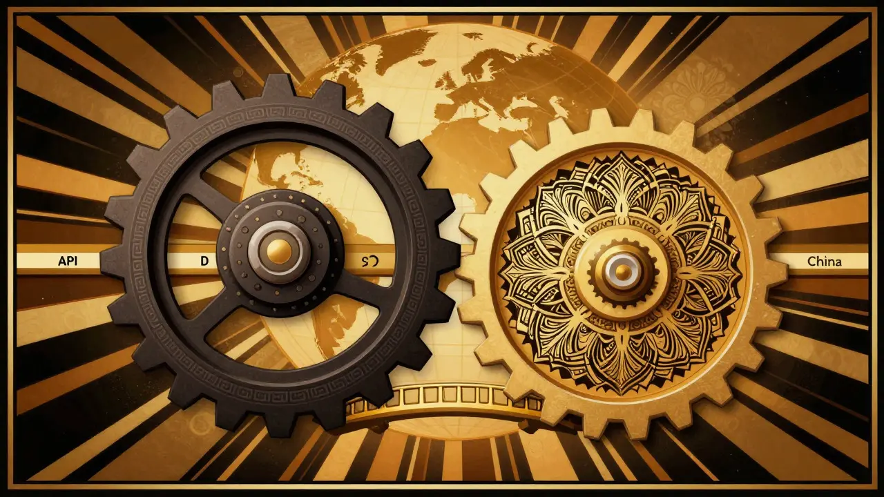 Art Deco graphic of interlocking gears symbolizing the China plus one strategy