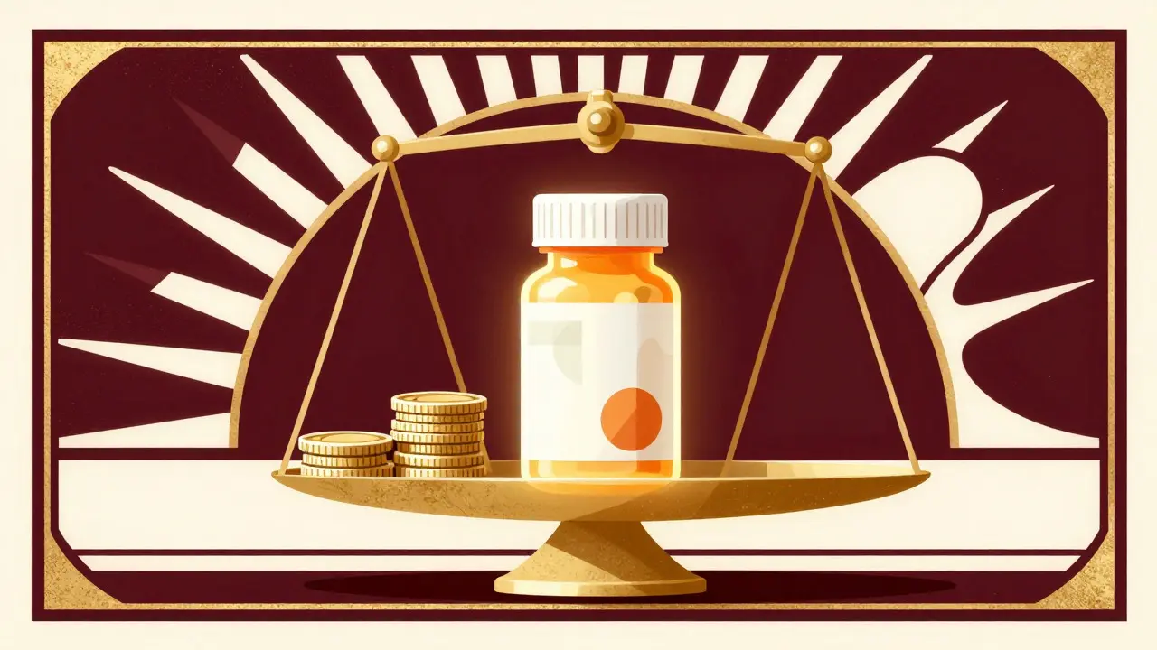 Art Deco illustration showing cost savings by choosing generic medication over brand name.