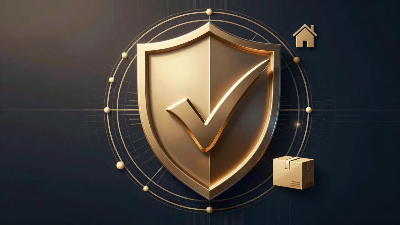 Art deco shield emblem with a checkmark symbolizing safe online pharmacy verification