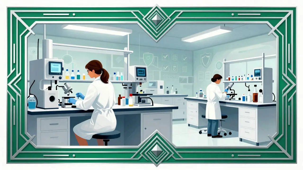 Art Deco style clean laboratory scene representing Indian regulatory compliance