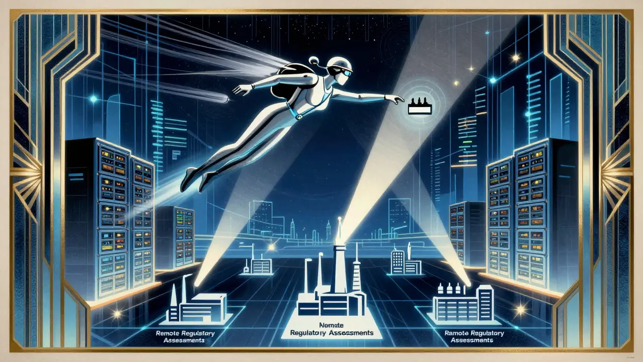 Art Deco style depiction of remote digital inspections over a factory landscape