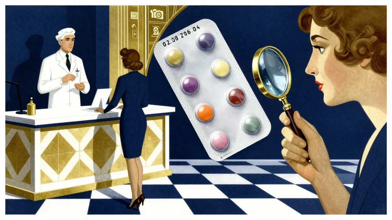 Consumer examining a pill packet with a magnifying glass at a pharmacy counter.