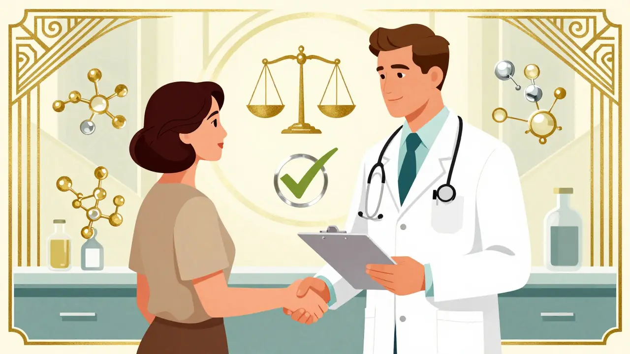 Doctor and patient shaking hands surrounded by scientific validation symbols.