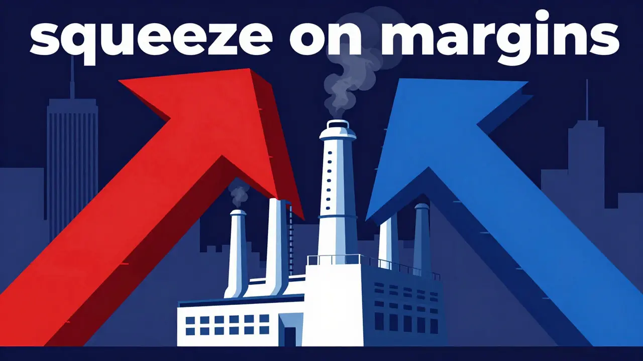Factory crushed by cost symbols in Art Deco advertising style