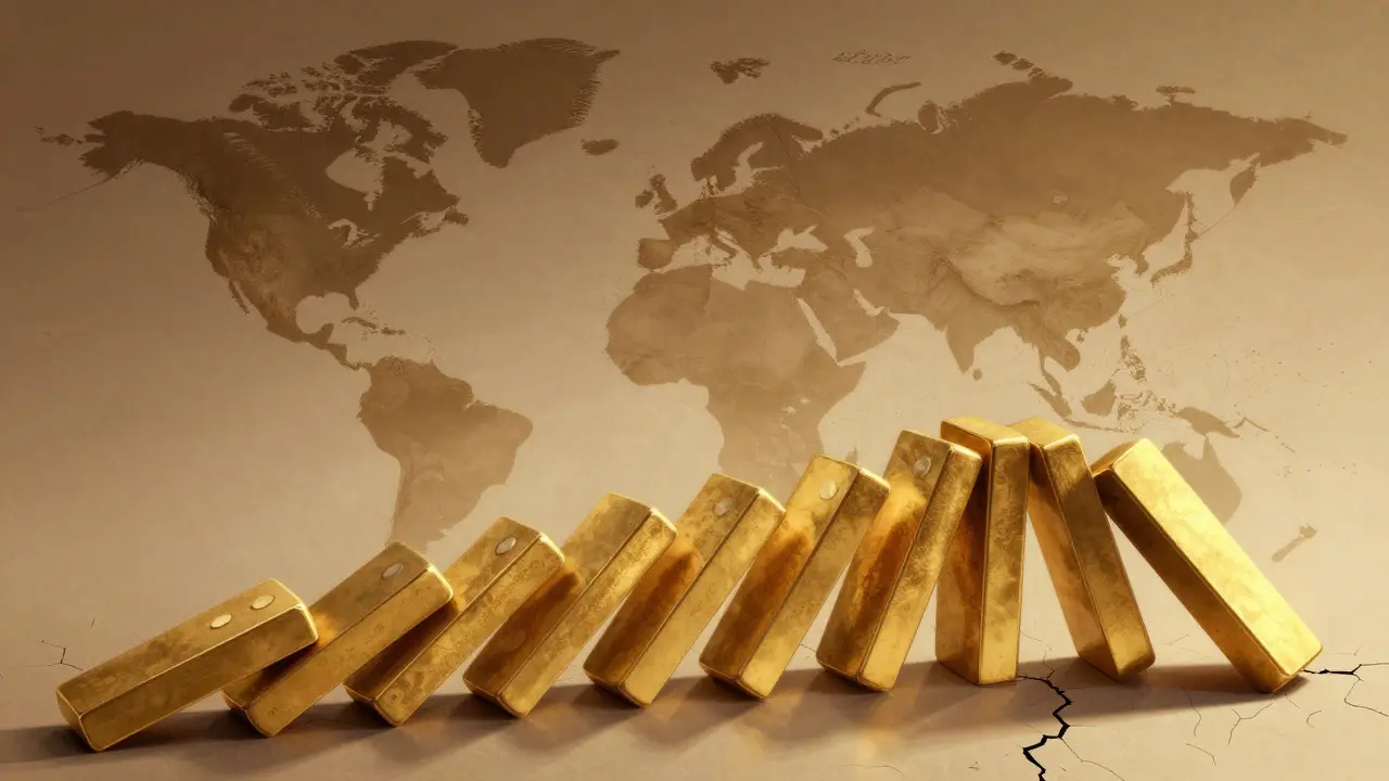 Falling dominoes disrupting supply chain in Art Deco illustration
