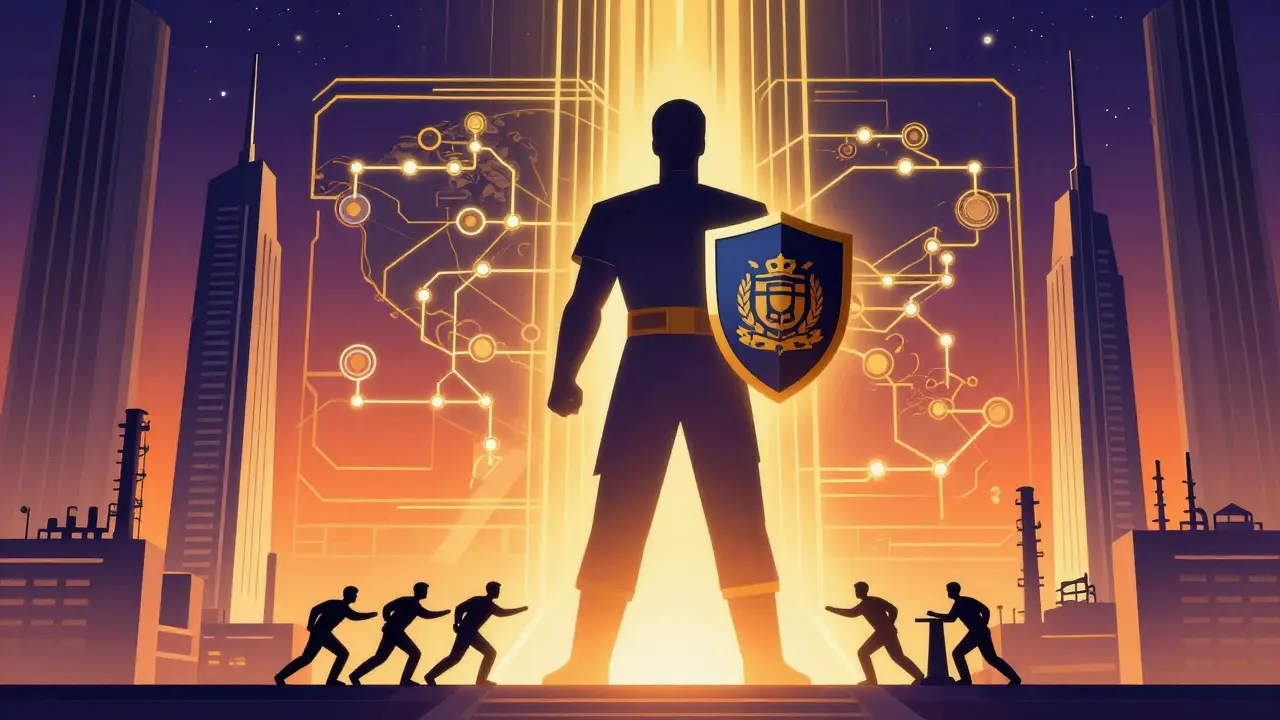 Guardian figure protecting a supply chain network in Art Deco illustration.