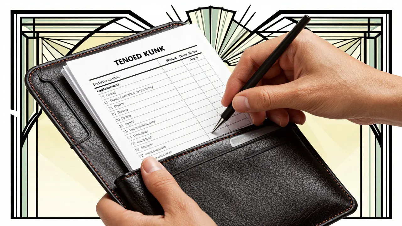Hand organizing a medication list in a stylish Art Deco wallet