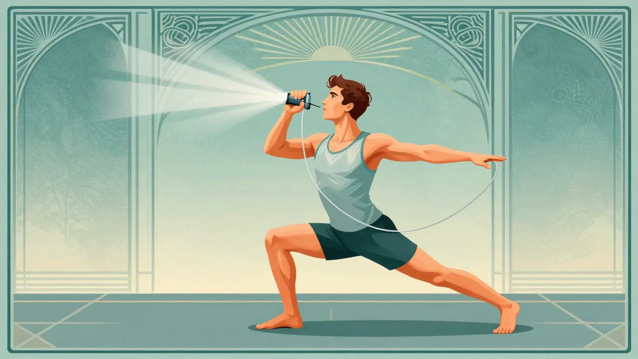 Person using an inhaler with a spacer during a warm-up in a vintage gym