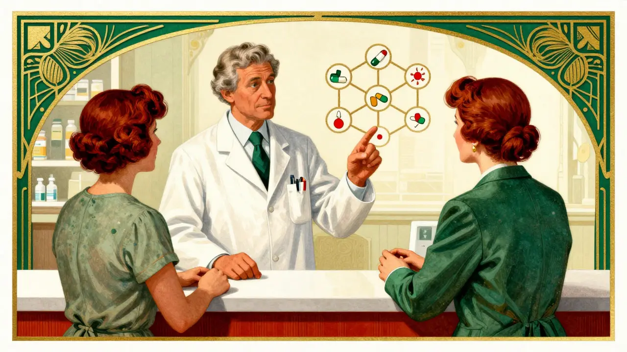 Pharmacist and patient consulting over medications in Art Deco style