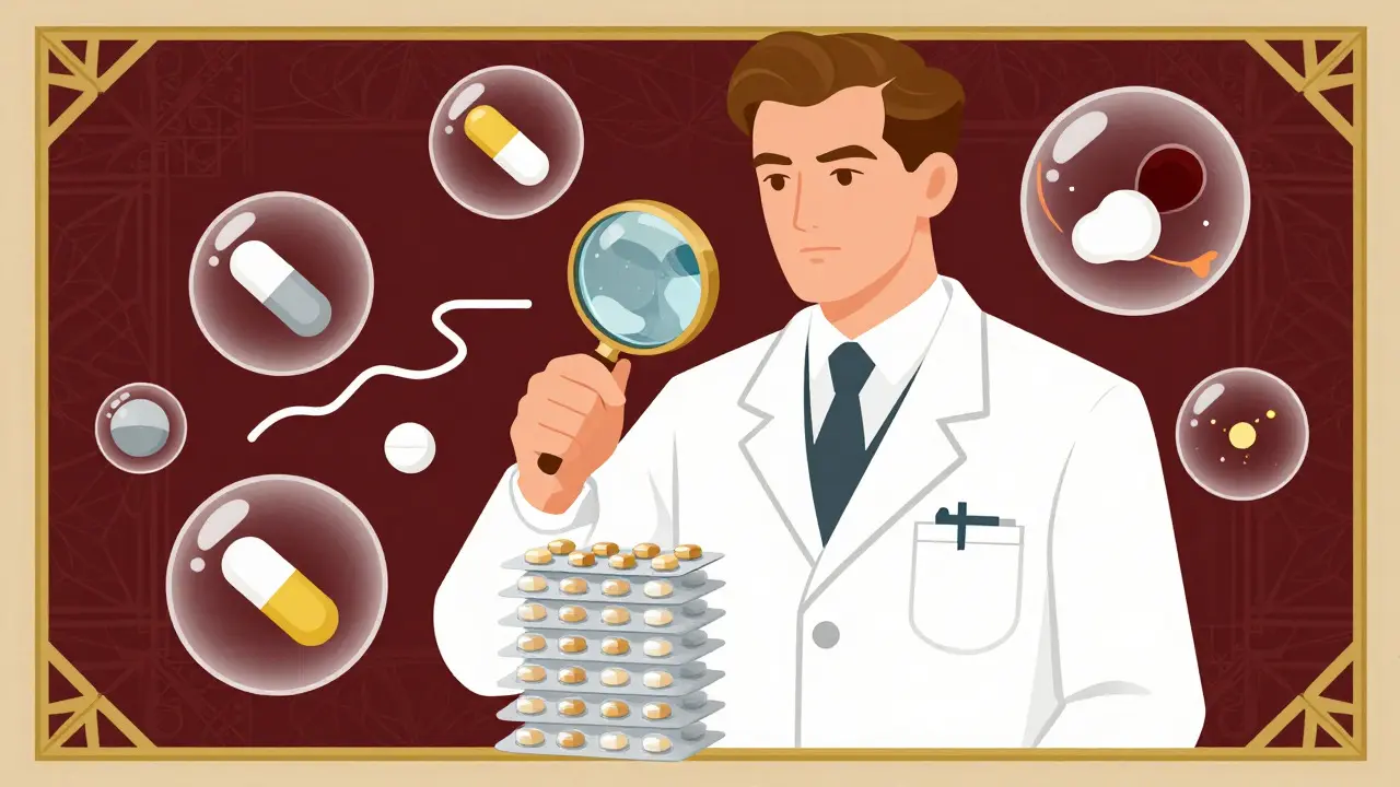 Pharmacist inspecting pills for potential drug interactions