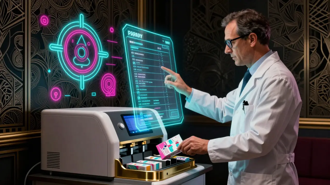 Retro-futuristic art deco depiction of a pharmacist using a digital interface for remote medication dispensing