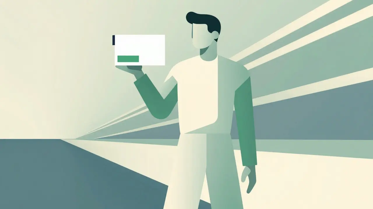 Stylized art deco figure holding a generic pill box with a low-cost green price tag