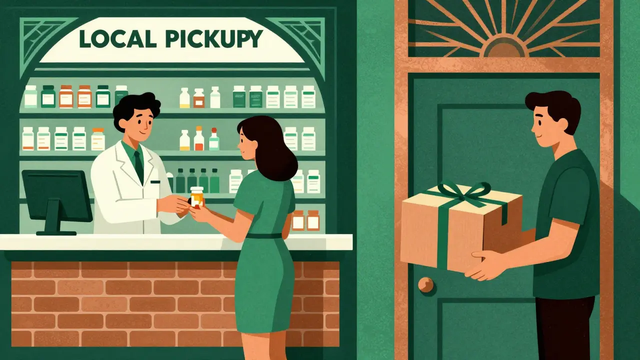 Stylized Art Deco image comparing local pharmacy pickup with home delivery options.