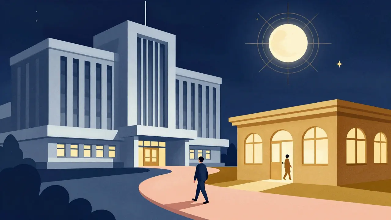 Stylized art deco image showing a patient moving from a large hospital building to a community clinic