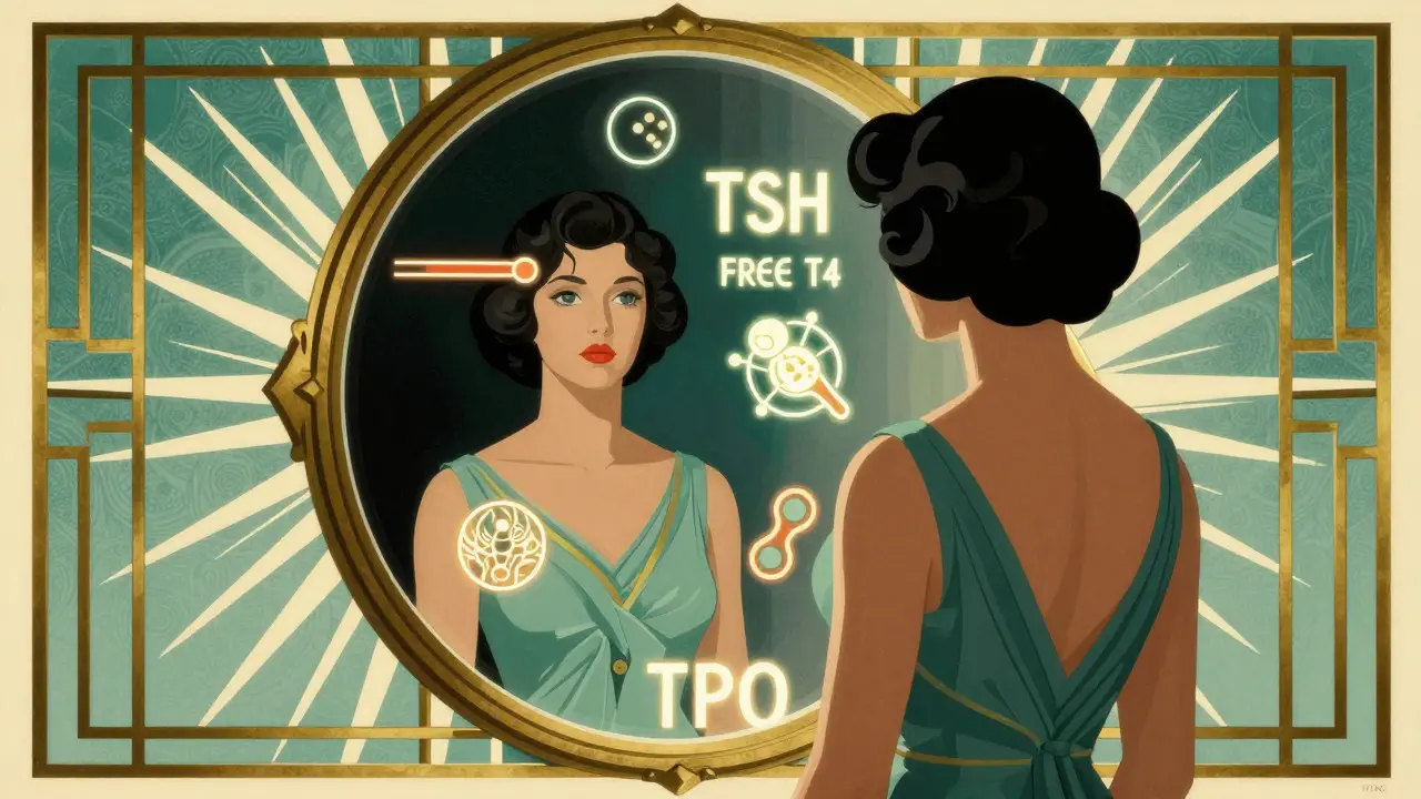 Stylized Art Deco scene showing abstract medical test symbols in a mirror.