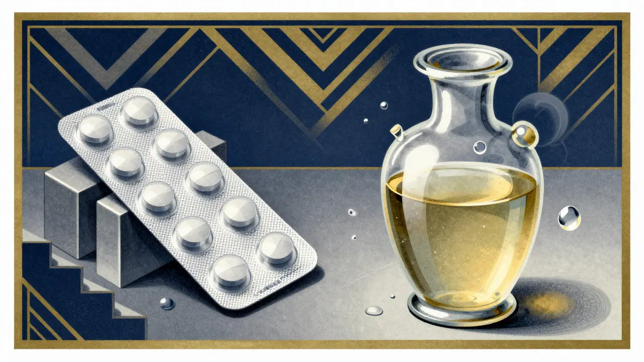 Stylized graphic showing stable commercial pills versus unstable compounded liquid medication.