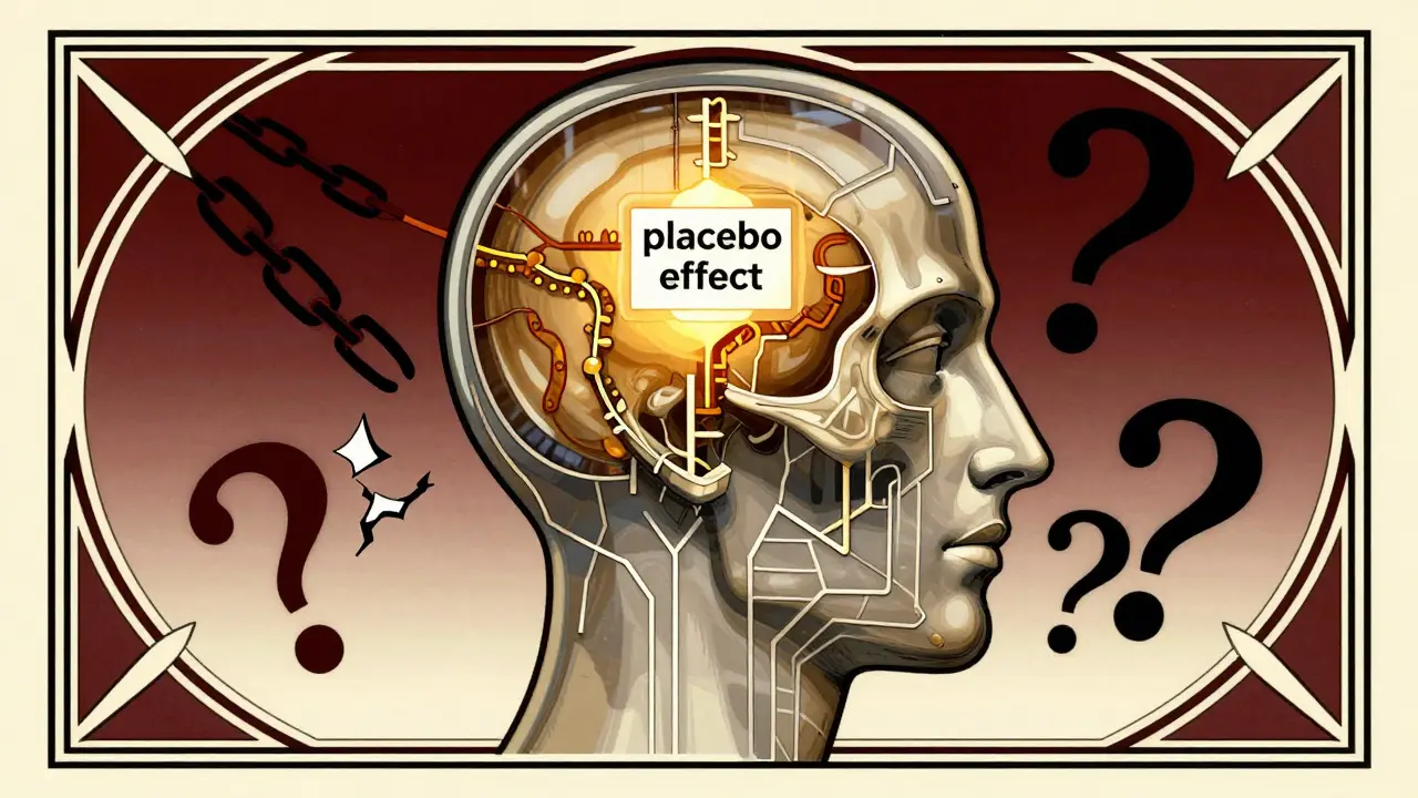 Stylized head showing placebo and nocebo effects inside the brain via light paths.