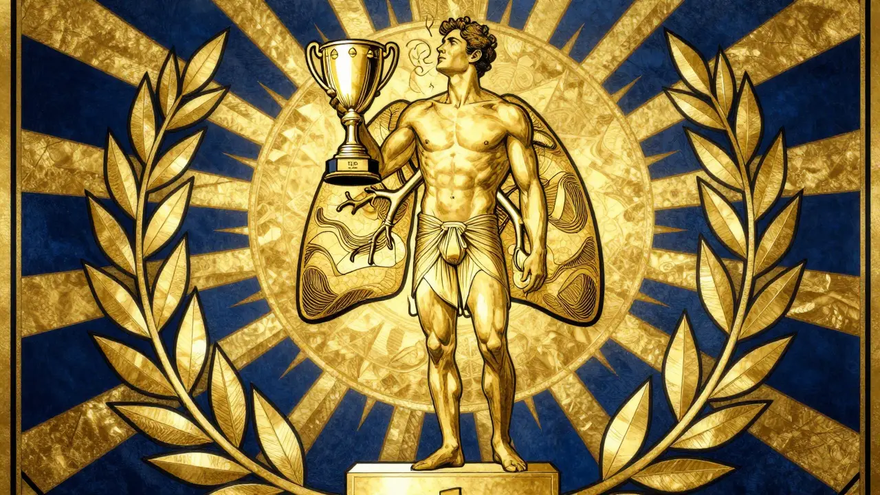 Triumphant athlete holding a lung-shaped trophy against a sunburst background