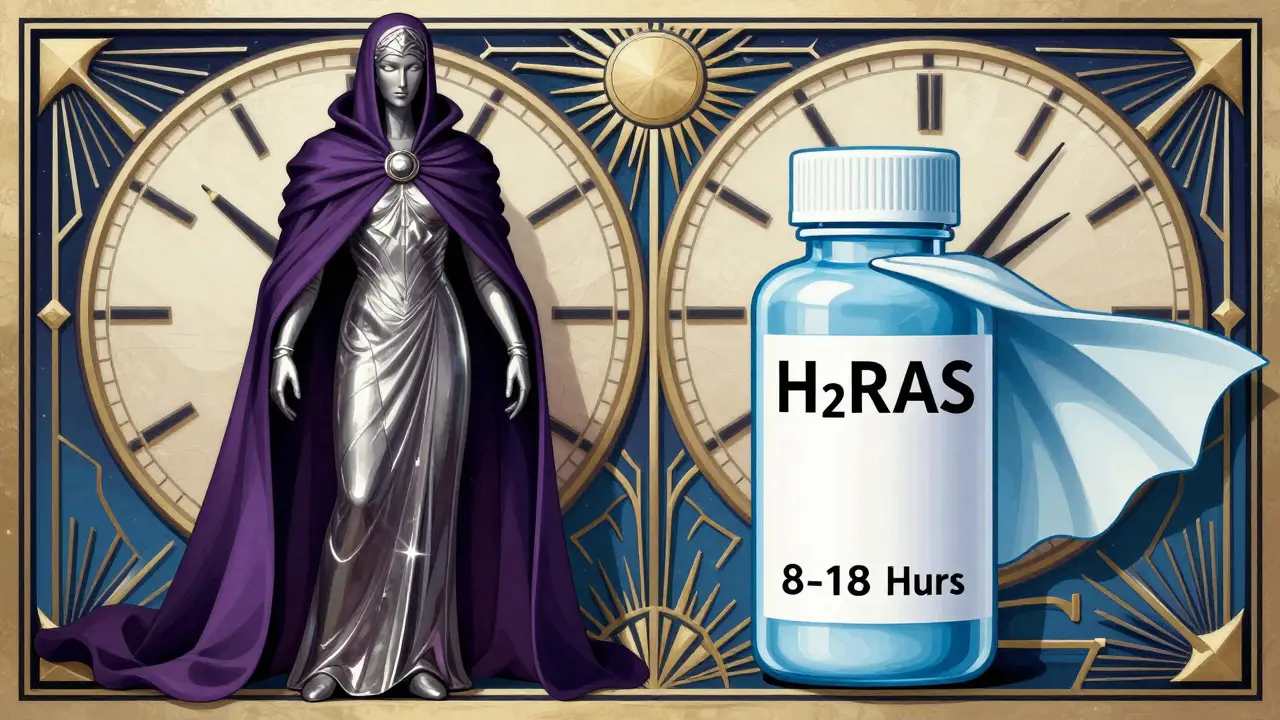 Two stylized medicine bottles comparing duration of acid suppression