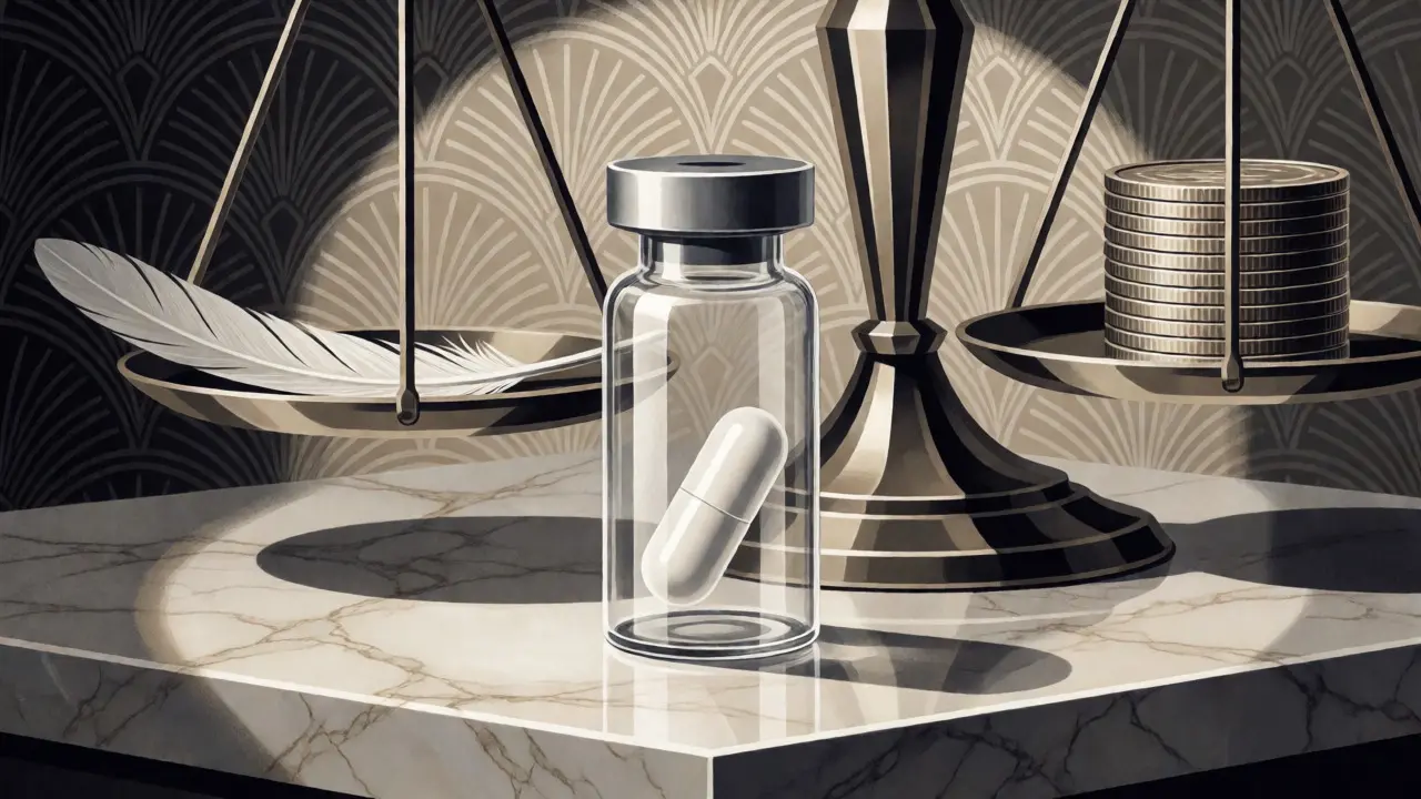 Elegant still life of a capsule balanced on scales with metallic geometric patterns.