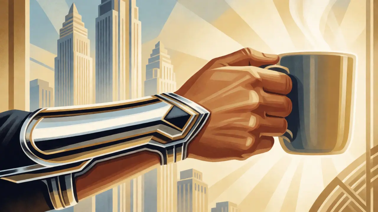 Hand wearing an elbow brace holding a mug in Art Deco advertisement style