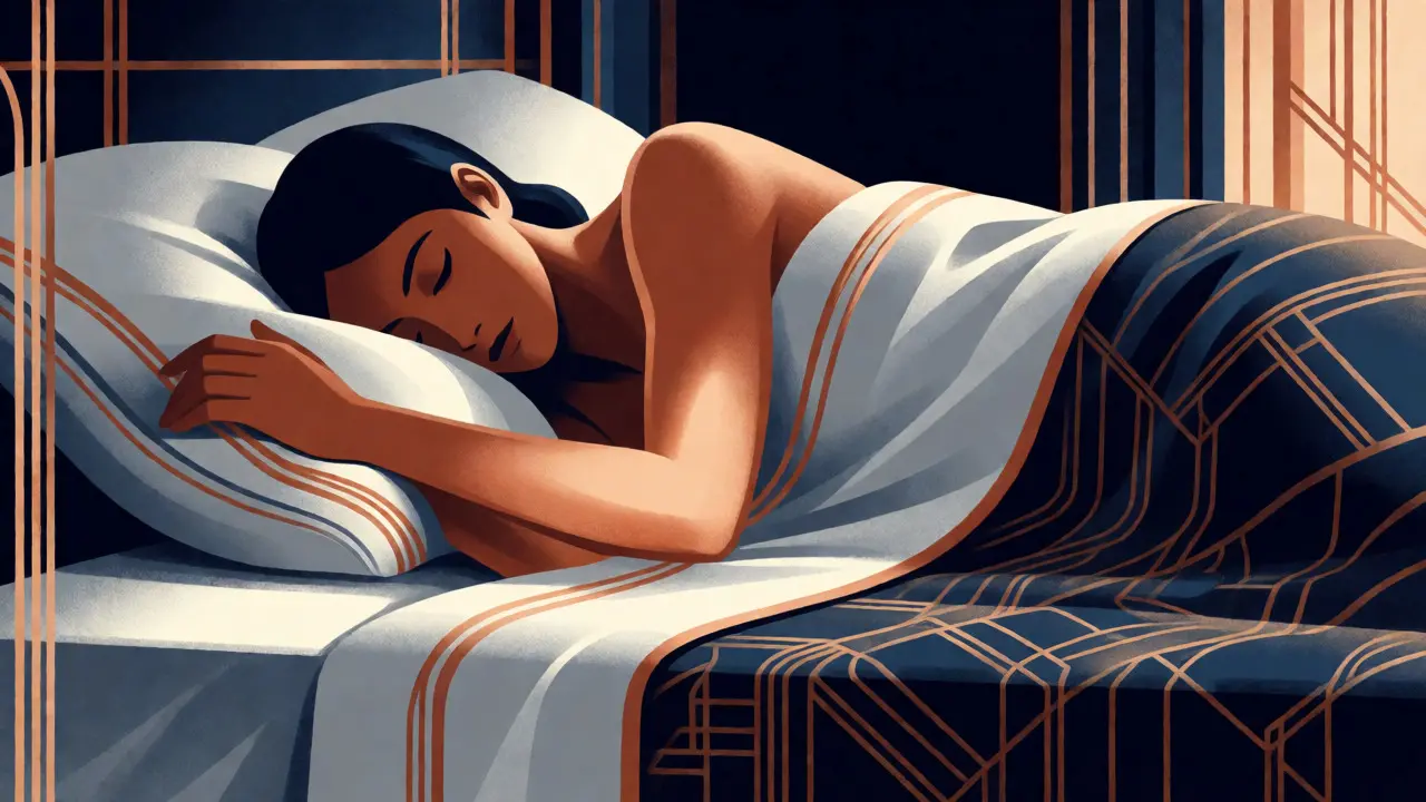 Person sleeping with bent elbows causing nerve pressure in Art Deco illustration