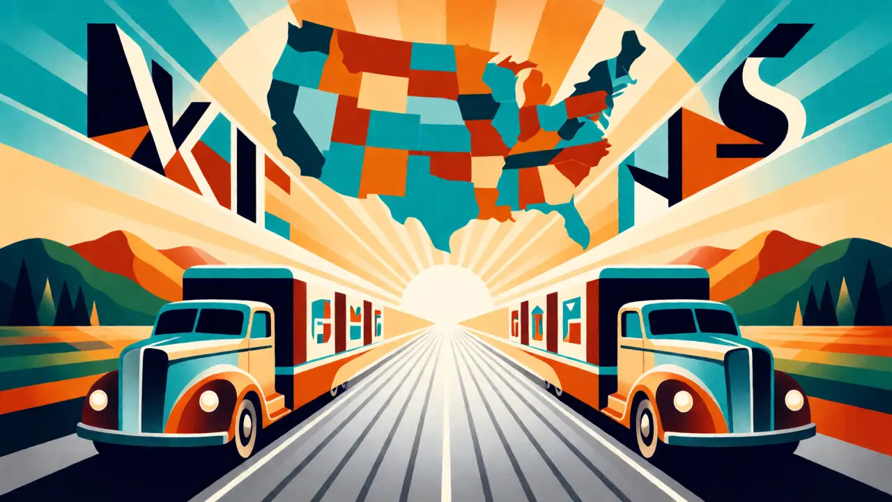 Stylized delivery trucks moving across a geometric US map under a sunburst motif.